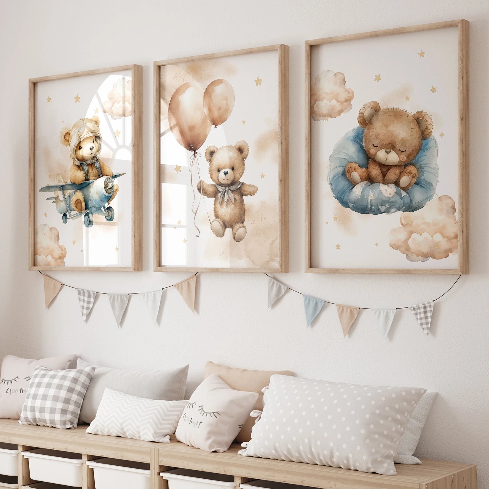 3pcs Cartoon Children Yellow Teddy Bear Vehicle Wall Art Prints Canvas Painting Poster Picture For Living Room Home Decor