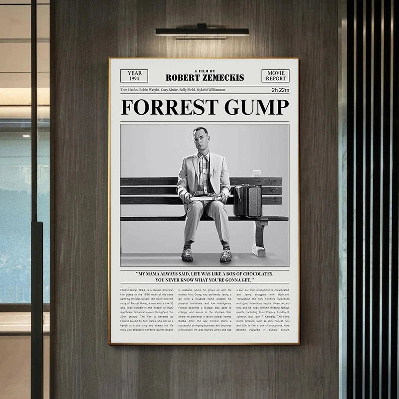 Affiche de film minimaliste noire et blanche, impression rétro de journal, art mural, peinture Forrest Gump/Pulp Fiction, décoration intérieure moderne
