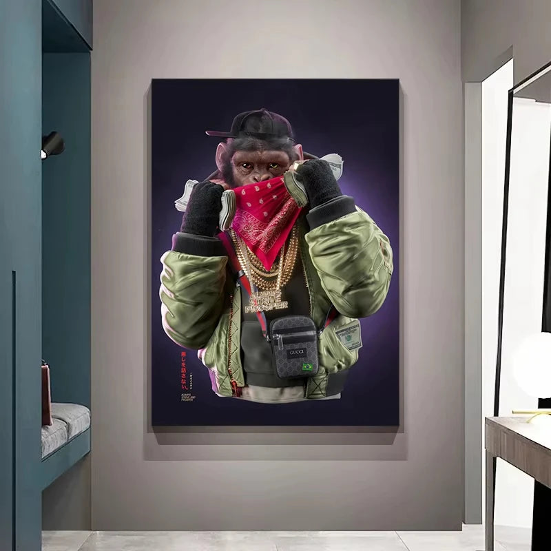 Tres monos con swag, pósteres e impresiones en lienzo, pinturas de moda de monos de hip hop para pared, arte, cuadros de animales, decoración de habitación