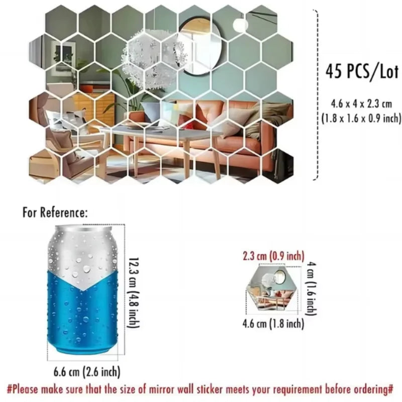 45 autocollants muraux miroir, autocollants muraux hexagonaux, autocollants de carreaux décoratifs DIY pour la maison