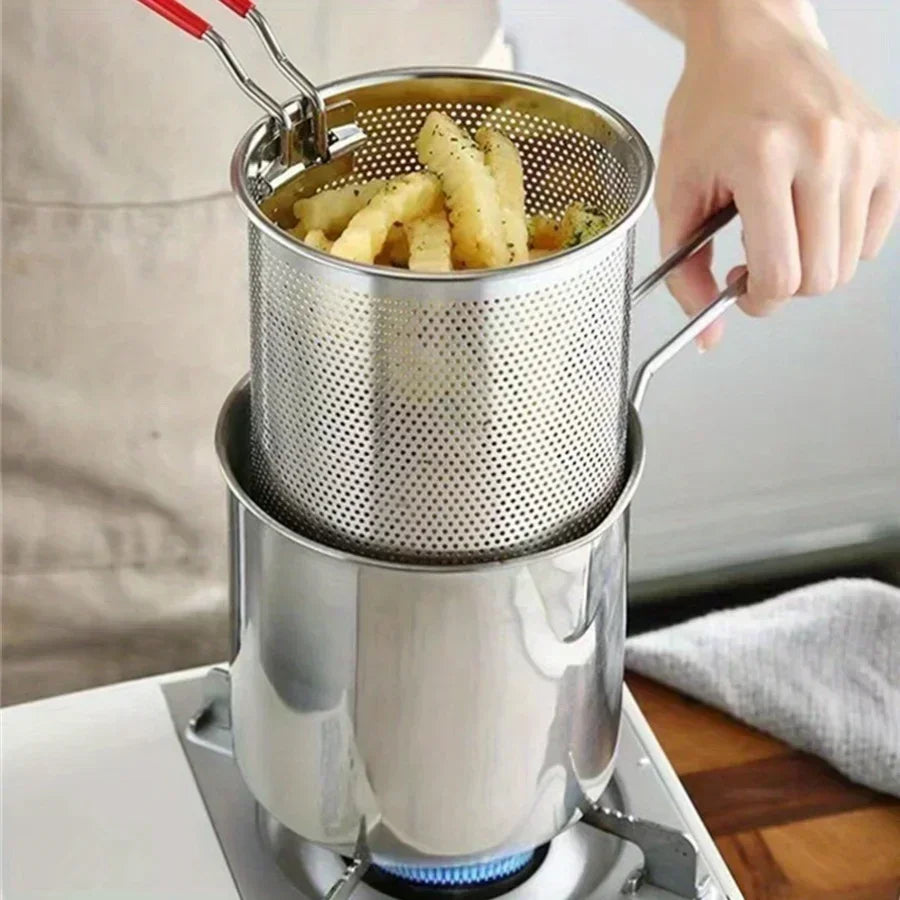 Freidora de acero inoxidable con patatas fritas y alitas de pollo, pequeña olla de aceite para el hogar con pantalla de filtro, olla Tianfu Luo