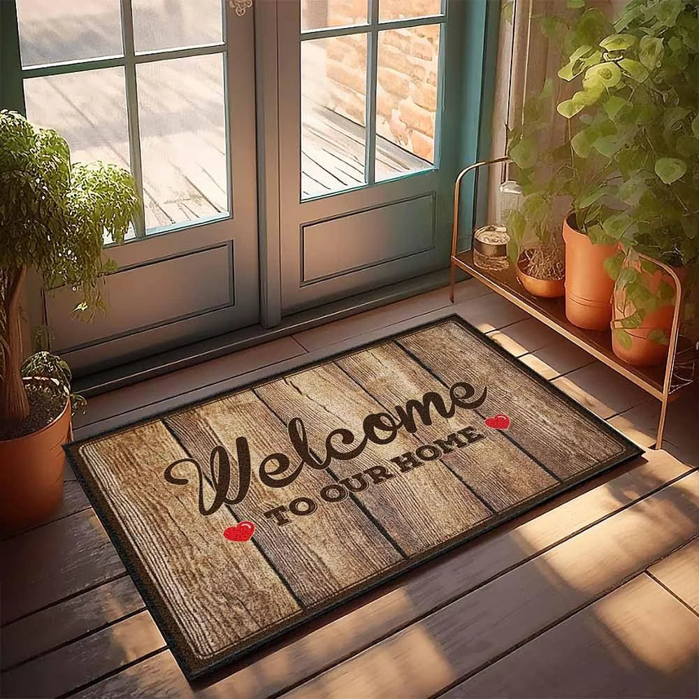Felpudo de bienvenida con impresión de tabla de madera, diseño de letras simples, alfombra para el hogar, dormitorio, cocina, alfombrilla antideslizante para puerta