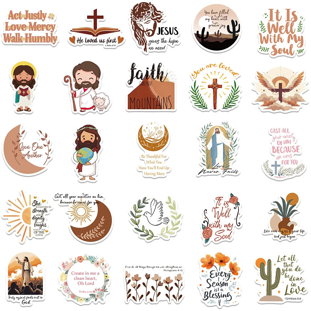 10/30/50pcs Pegatinas de dibujos animados de Jesús cristiano, versículos bíblicos, calcomanías de fe, para laptop, teléfono, equipaje de viaje, coche, papelería, juguetes