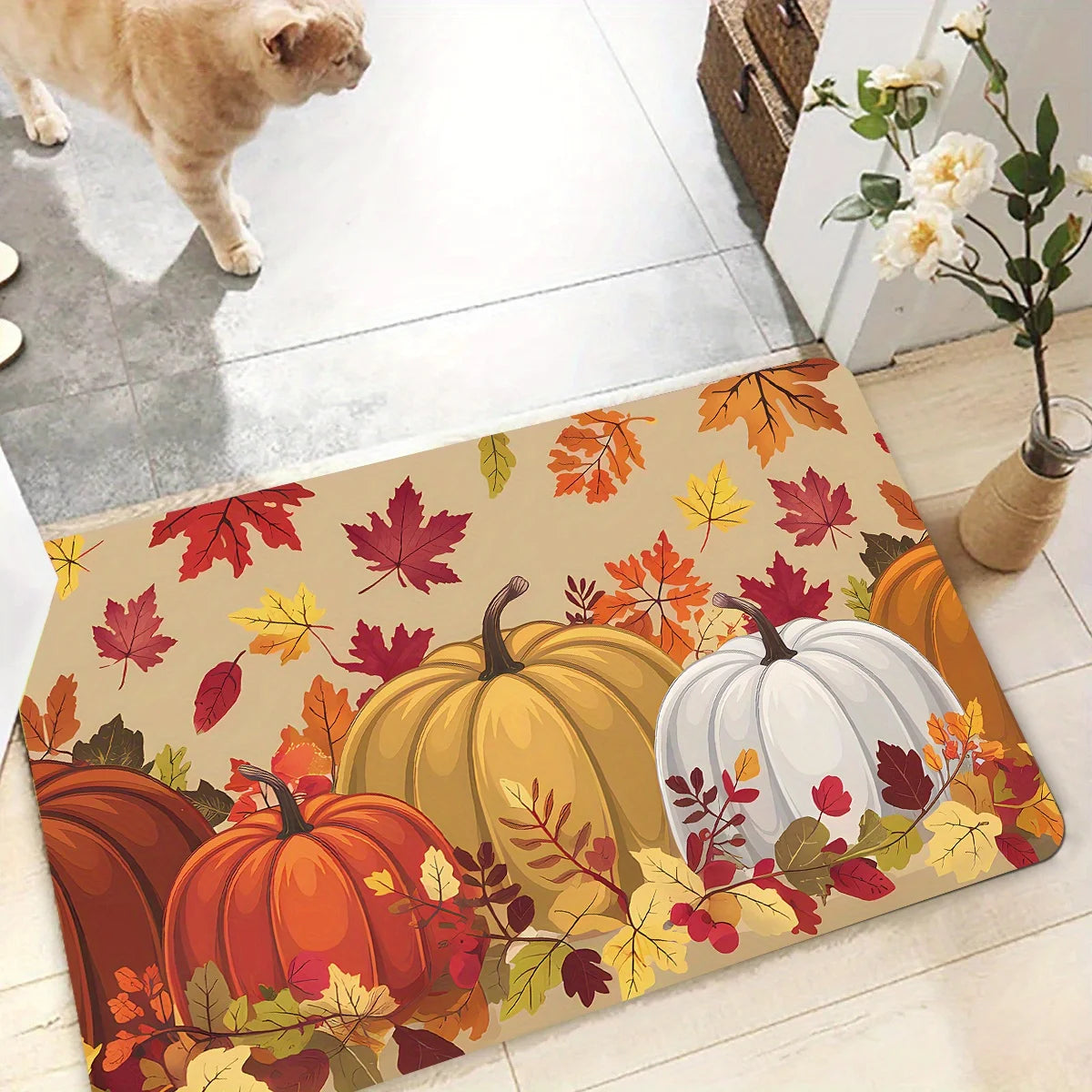 VIKAMA Tapis de Thanksgiving Citrouille Feuille d'érable Tapis de cuisine Tapis long Paillasson Salon Chambre Canapé Tapis de sol doux