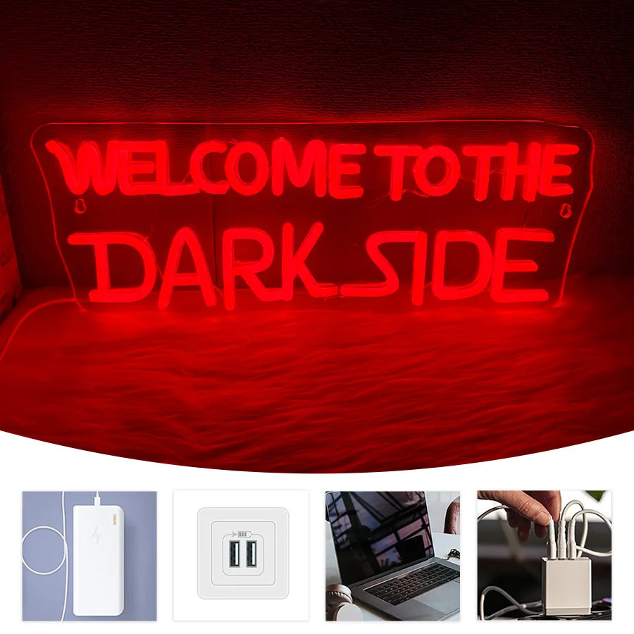 Letrero de neón "Welcome To The Dark Side", icono de lámpara de letras con alimentación USB, utilizado para dormitorio, sala de juegos, casa embrujada, decoración de Halloween.
