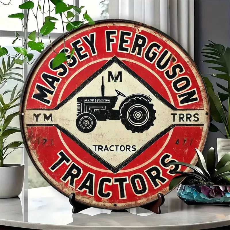 Letrero rústico vintage redondo de metal y aluminio de 1 pieza | Placa de estaño de tractor Massey Ferguson para decoración de pared | Retro, multiusos