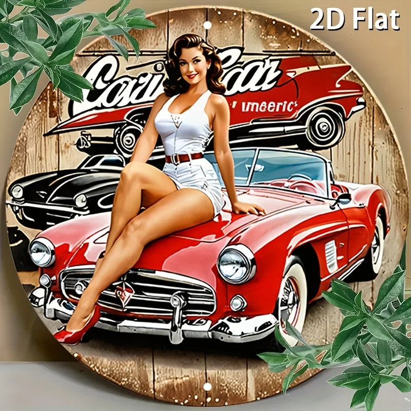 [2D Plano] Cartel Metálico de Coche Clásico Vintage - Decoración Redonda de Pared de Aluminio con Ilustración de Chica y Coche Clásico, Coche Rojo Retro