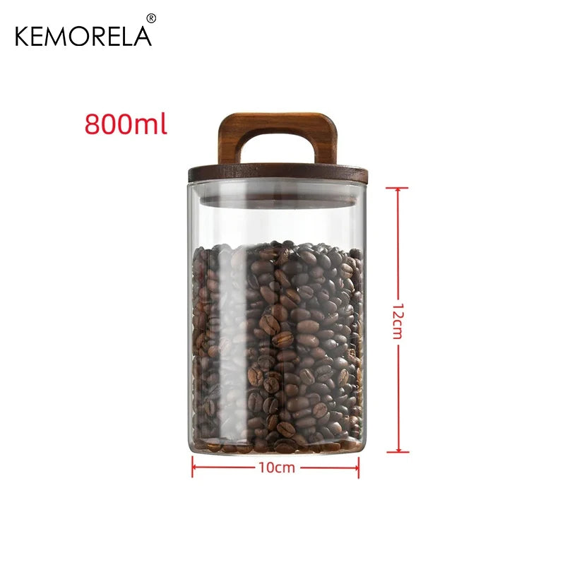 Bote de cristal con tapa de madera, recipiente hermético para alimentos, café, té, granos, tarro de almacenamiento de cocina, tarro sellado para café molido y caramelos