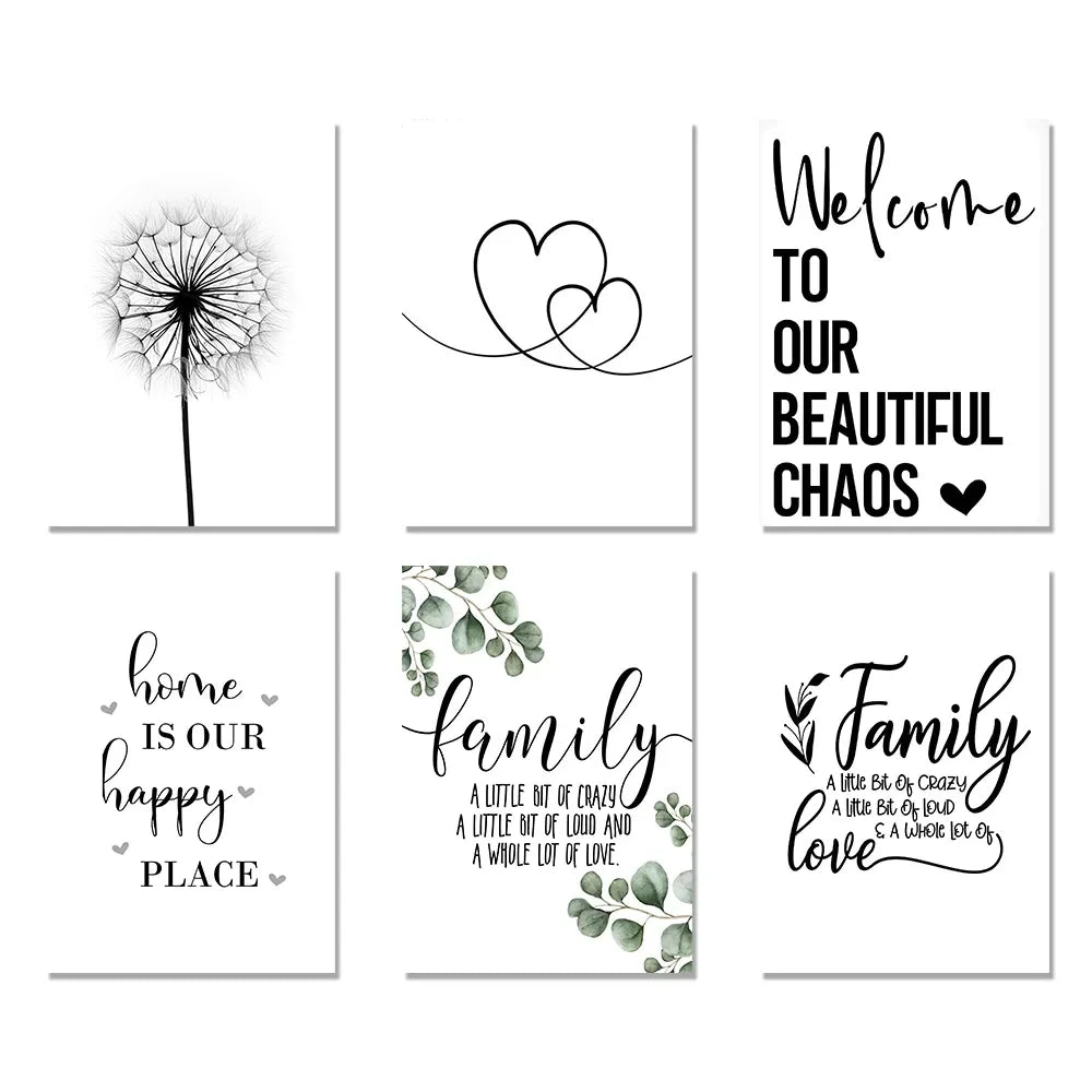 Feliz Familia Cita Arte de Pared Póster Blanco Negro Impresión de Corazón de Amor Pintura en Lienzo Nórdico Imagen Minimalista Decoración de Sala de Estar Dormitorio