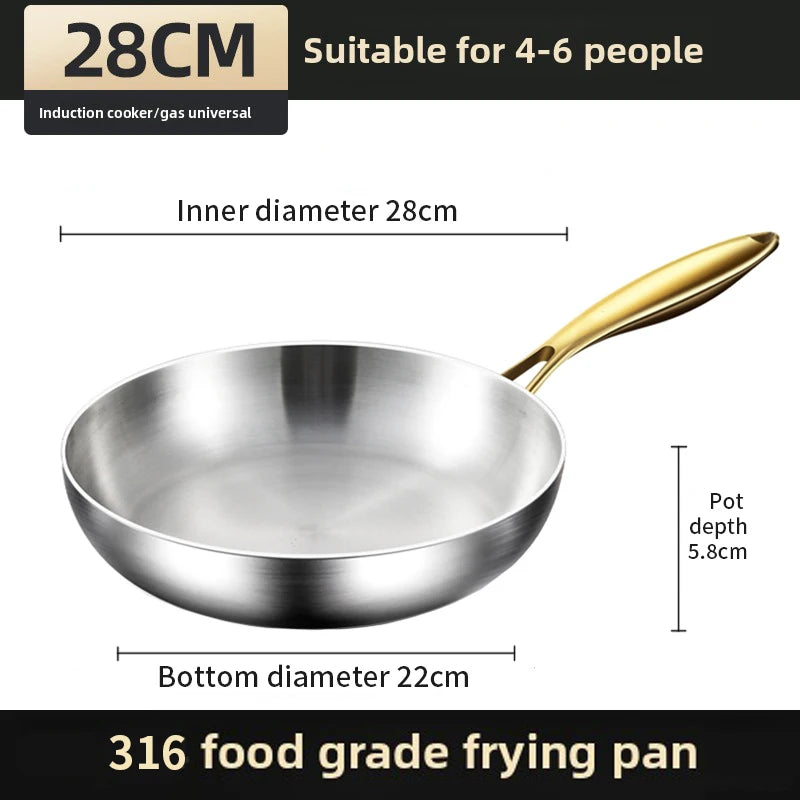 KEMORELA Sartén de Acero Inoxidable 316 con Mango Dorado Wok Antiadherente para Cocinar Filetes Olla Universal para Estufa de Gas