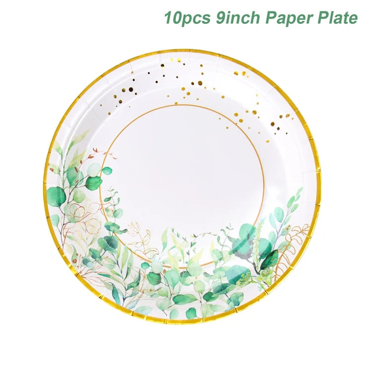 Vaisselle jetable Feuilles Vert Sauge Assiette en papier à bord doré Tasses Serviettes Décoration de mariage Anniversaire Fête Hawaïenne