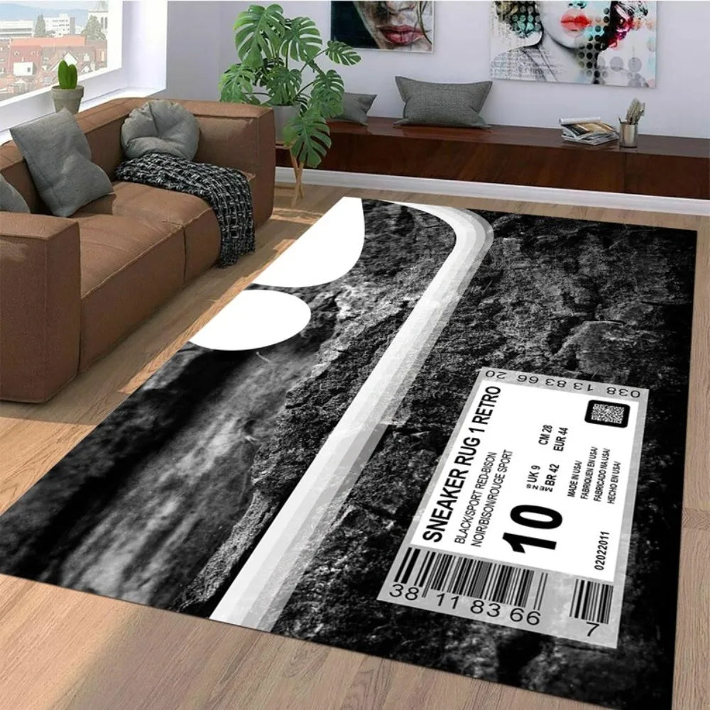 Alfombra con estampado de zapatillas, alfombra de decoración urbana con tipografía streetwear en tonos rojo y negro para sala de estar, alfombras para dormitorio.
