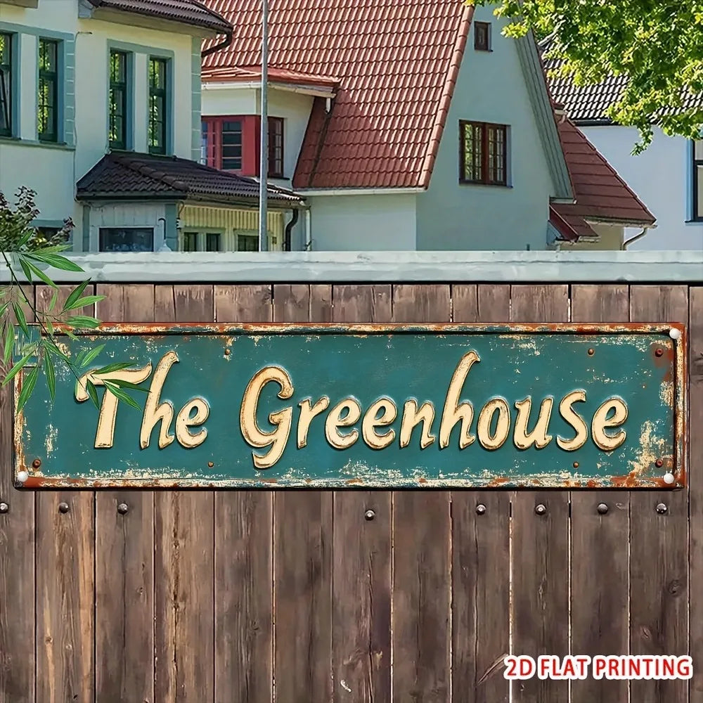 Cartel de pared metálico vintage "The Greenhouse" - 16x4" Decoración rústica de jardín, regalo de cumpleaños para tienda de plantas, arte