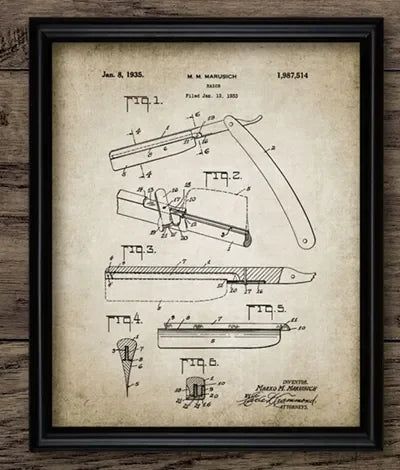 Barber Patent Blueprints Vintage Posters Canvas Prints ,Shaving Brush, Scissors Barber's Pole, Cutthroat Razor Barbershop Decor
