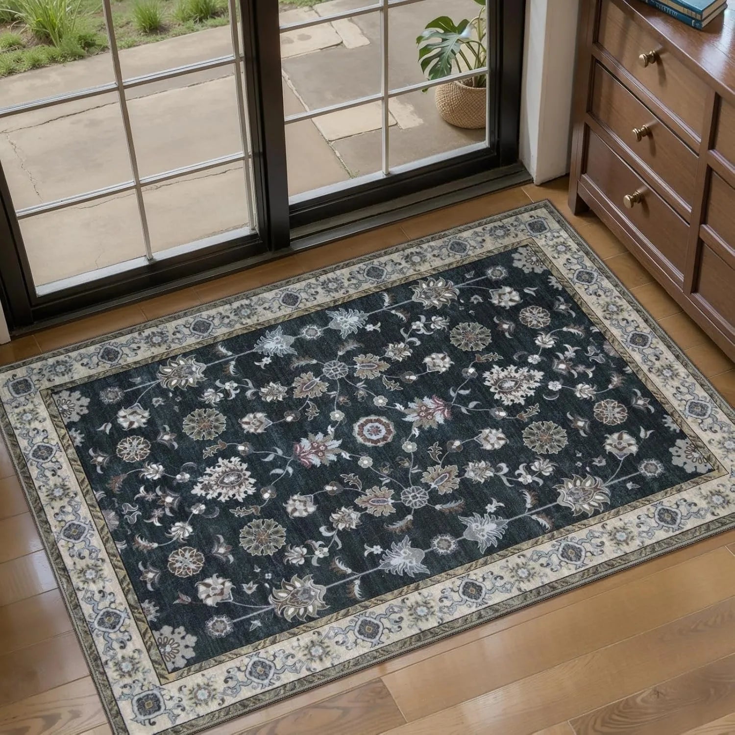 Felpudo de estilo persa vintage, alfombra suave antideslizante para interior o exterior, felpudo de entrada con diseño floral y geométrico