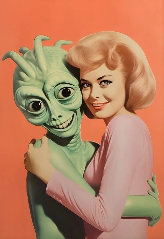 Póster Artístico de Viajes Espaciales, Cómic Vintage, Póster Alienígena Divertido, Alienígena con Decoración Humana para Pared, Humor de Bar, Decoración Retro, Lienzo Impreso de los 90