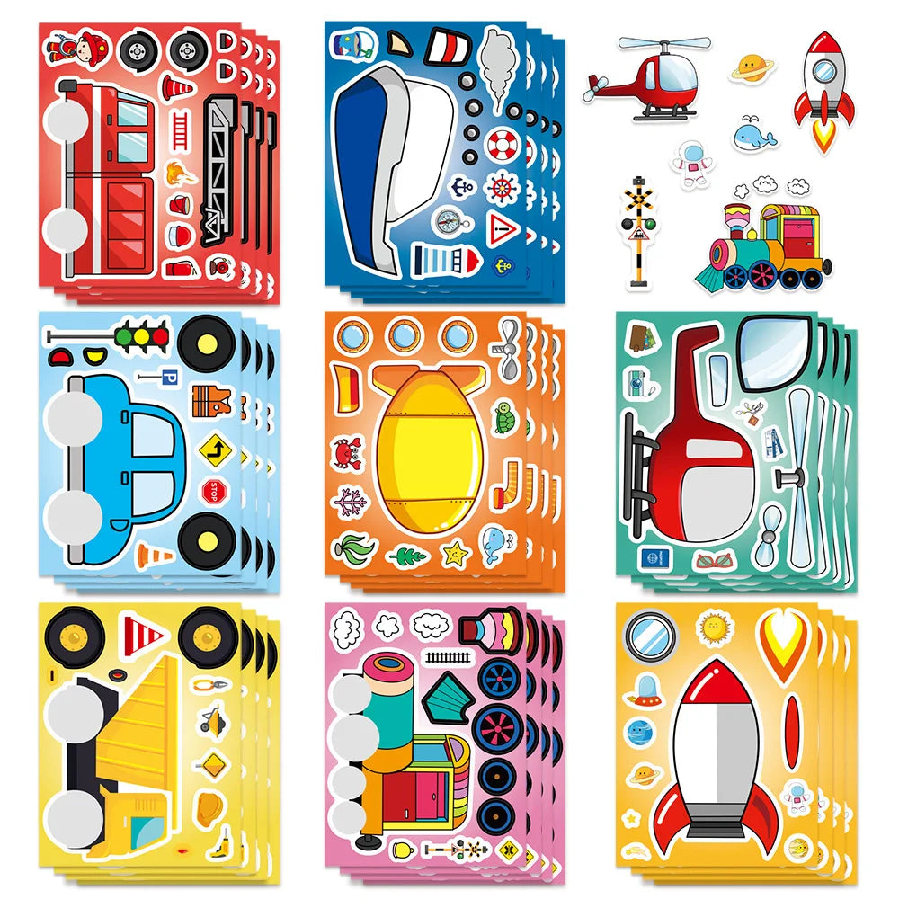 8/16/24PCS Dibujos Animados Transporte Coche Pegatinas de Rompecabezas que Cambian la Cara DIY Decoración Guitarra Casco Cuaderno Papelería Pegatinas