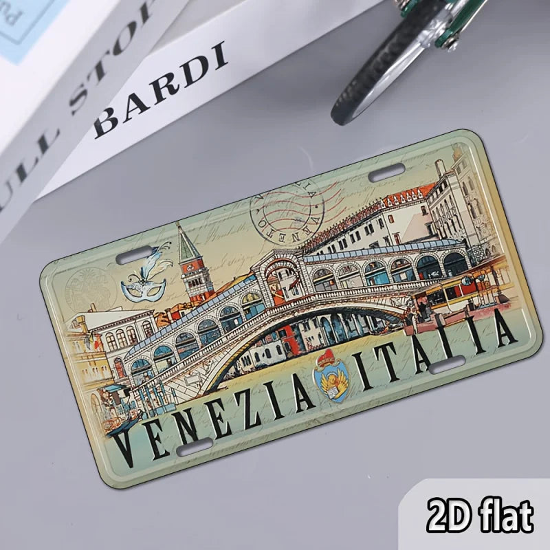 2D Flat, Vintage Italian Travel Poster - Venice Italy Metal Wall Decor Sign with Rialto Bridge & Gondola