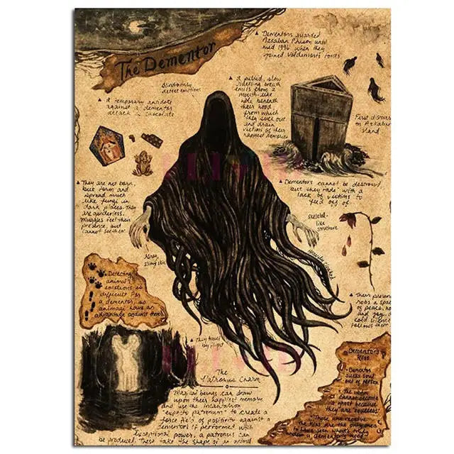 Póster de Unicornio Vintage con Estética Animal, Arte de Pared de Dementor y Dragón, Decoración de Monstruos Mágicos para Halloween, Brujas, Cocina o Habitación