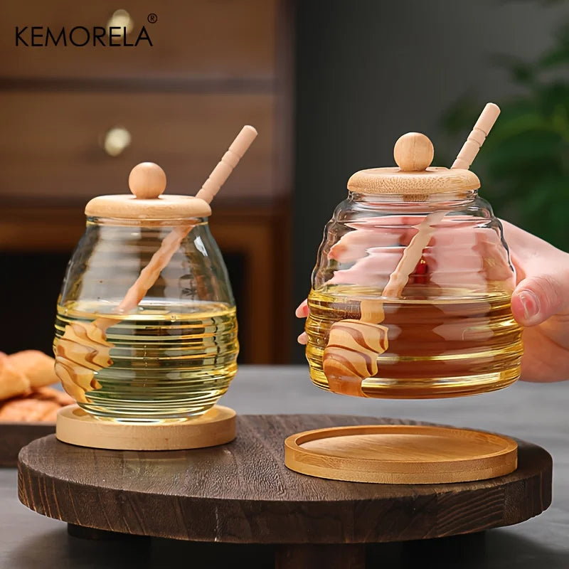 KEMORELA Tarro de Cristal Nido de Abeja Herramientas de Cocina Contenedor de Miel con Cucharón y Tapa Botella de Miel para Fiesta de Boda Comedor