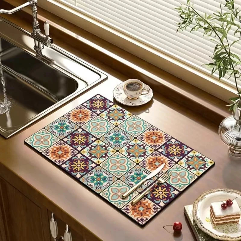 VIKAMA Tapis de Séchage Vaisselle Absorbant Super Absorbant Motif Marbre Noir Tapis Antidérapant pour Cuisine Biberons Bouilloires Vaisselle Luxe pour Comptoir de Bar