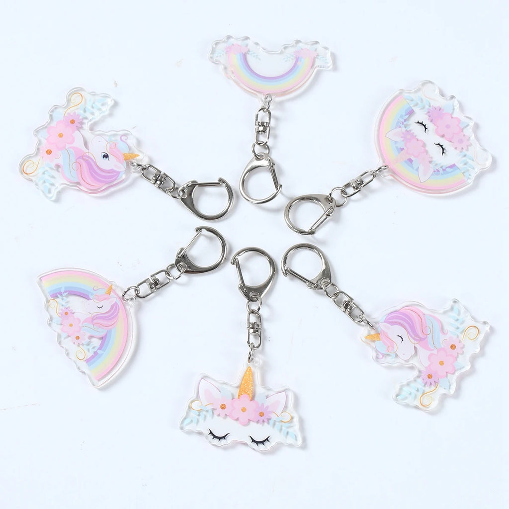 6 colgantes acrílicos de llavero de unicornio arcoíris, decoración de fiesta de cumpleaños de unicornio, regalos para niños, baby shower, recuerdos de boda