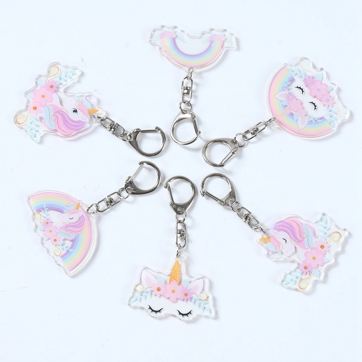 6 colgantes acrílicos de llavero de unicornio arcoíris, decoración de fiesta de cumpleaños de unicornio, regalos para niños, baby shower, recuerdos de boda