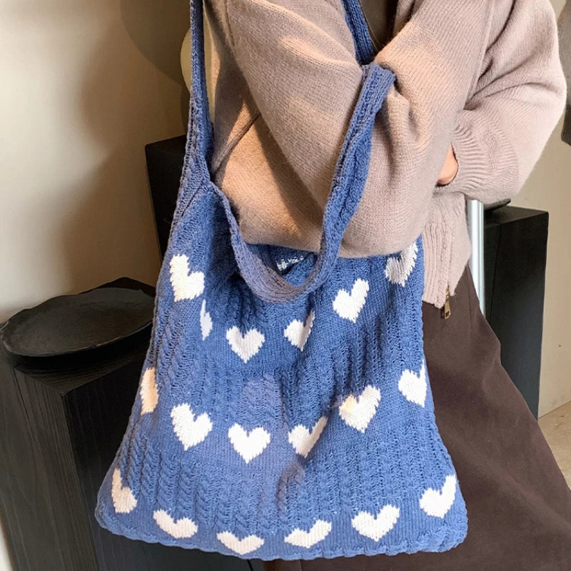 1 Bolso de Punto, Bolso Tote con Forma de Corazón, Bolso de Hombro Diagonal para Mujer, Bolso Tejido Moderno y Personalizado