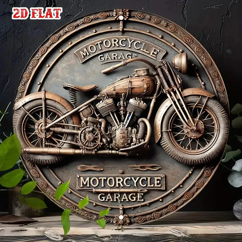 [2D Plano] Cartel Redondo de Aluminio Vintage para Garaje de Motocicletas - Decoración Retro de Metal para Pared, 7.8x7.8 pulgadas