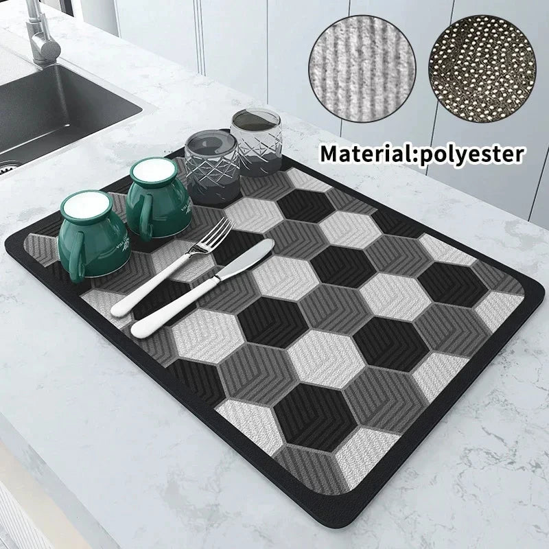 VIKAMA Mantel Individual Súper Absorbente de Mármol Negro para Secar Platos, Alfombrilla Antideslizante para Botellas de Cocina, Vajilla de Lujo para Tetera, Bar, Mostrador