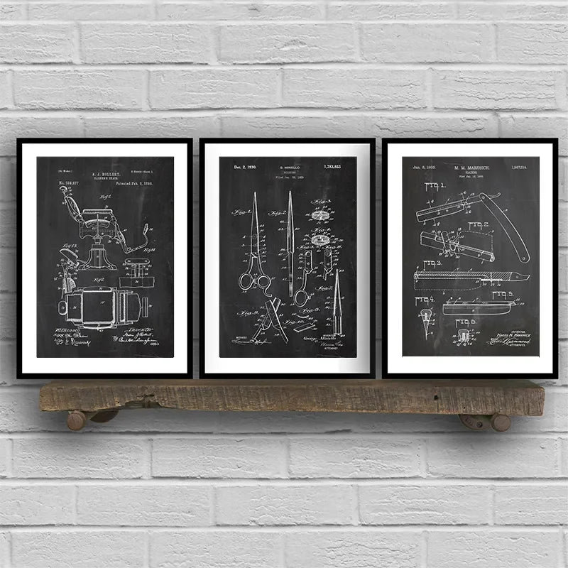 Barber Patent Blueprints Vintage Posters Canvas Prints ,Shaving Brush, Scissors Barber's Pole, Cutthroat Razor Barbershop Decor