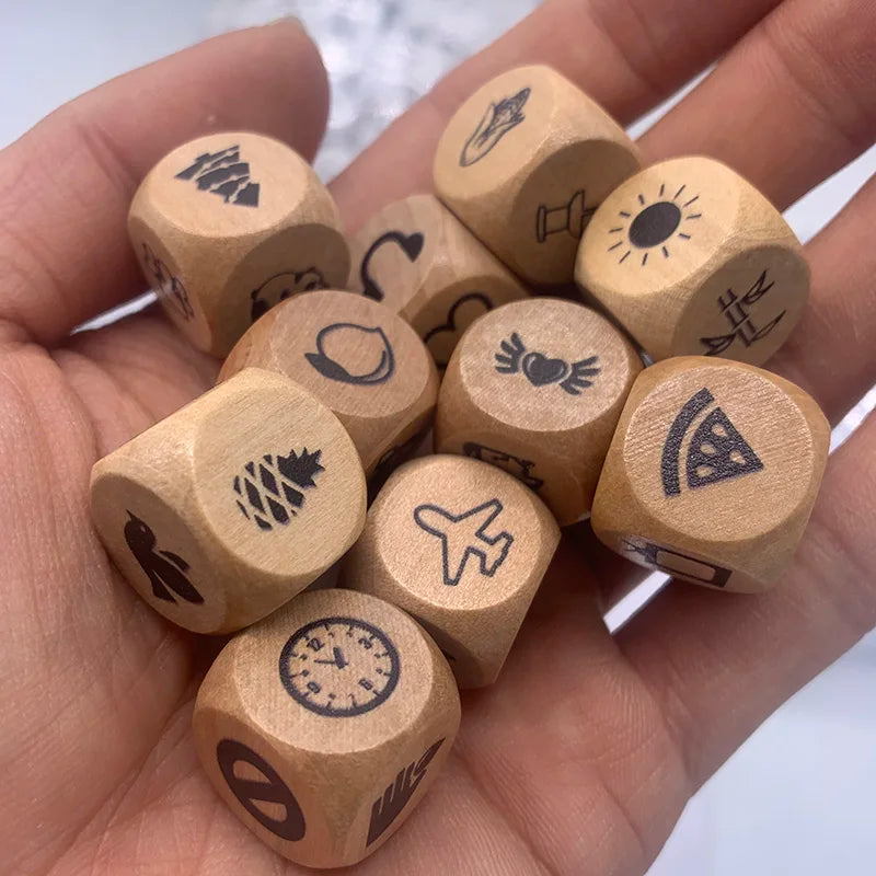 Juego de mesa de dados de madera de 10 piezas/set, rompecabezas para contar historias, para familia/fiestas/amigos, padres con bolsa