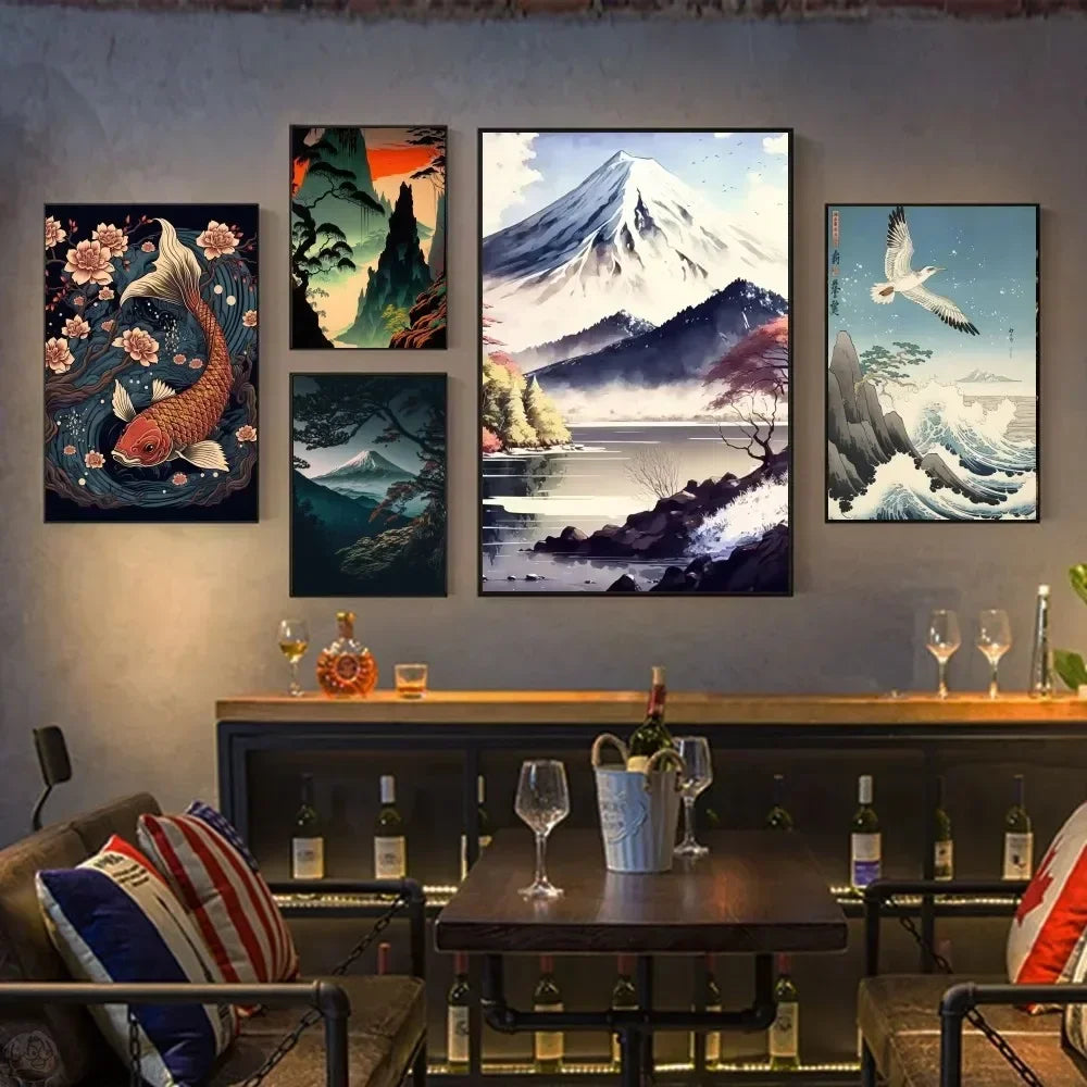 Póster Vintage Zen japonés con paisaje del Monte Fuji, peces Koi, póster HD, pósteres para decoración del hogar, habitación, bar, cafetería, pintura artística para pared