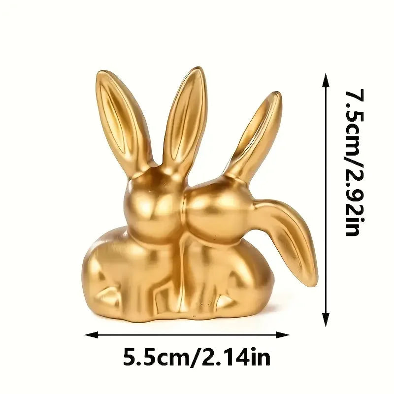 1 pieza Figura coleccionable, Adorno dorado de doble conejo lindo, artículo decorativo creativo para el escritorio del hogar.
