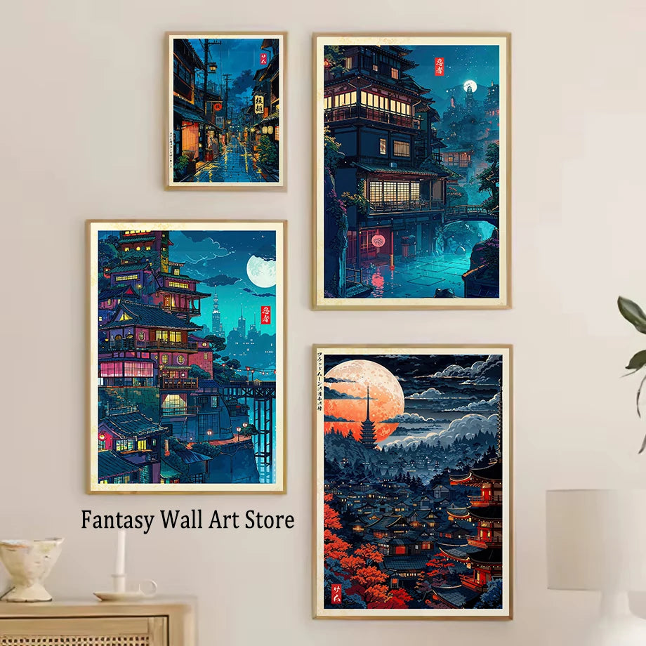 Tokio Paisaje Anime Ilustración Lámina Póster Escena Nocturna Japonesa Fuji Estilo Pintura Vintage Arte Decorativo Lienzo Arte de Pared Retro