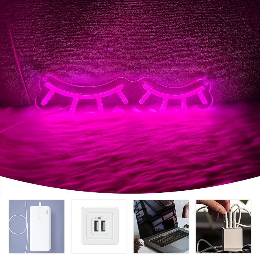 Pink Eyelash Led Neon Sign, Suitable For Eyelash Room Decor, Art Wall Lamp In Dressing Room And Beauty Salon, Powered By Usb.