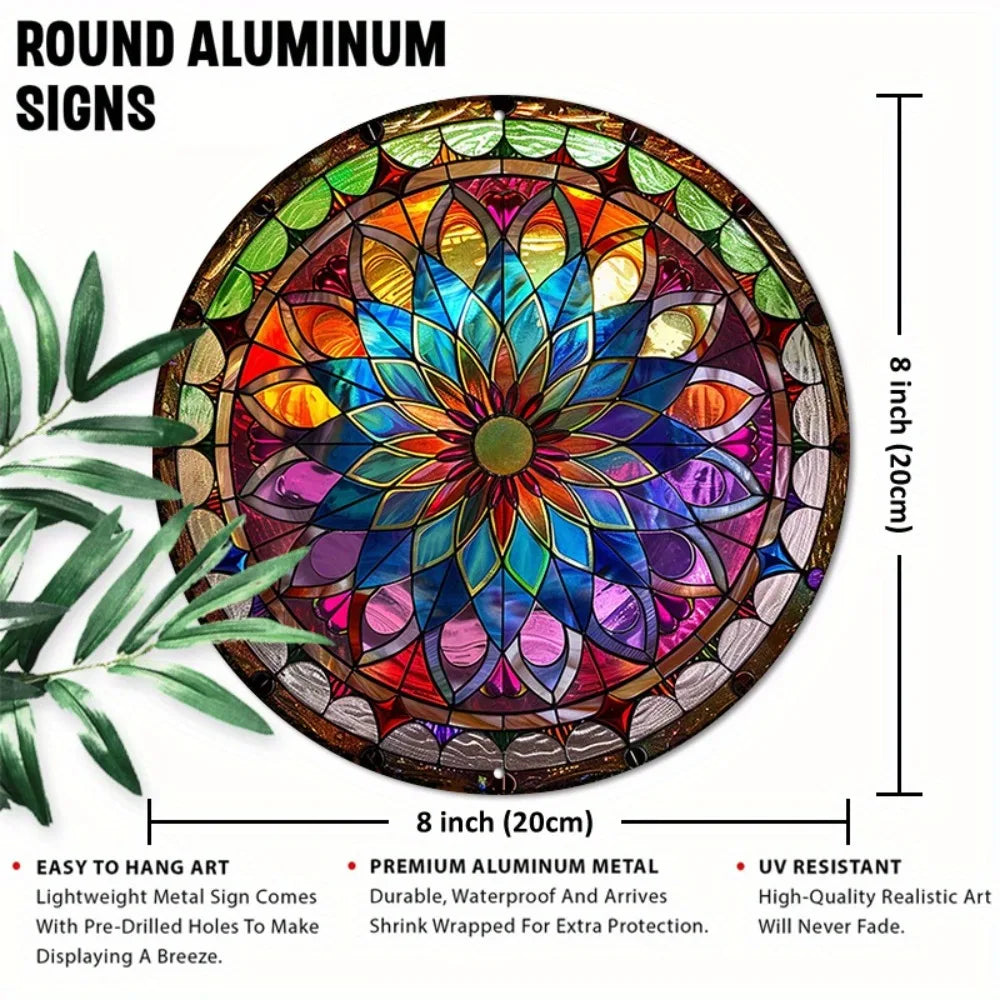 Pancarte Ronde en Aluminium Mandala 8" - Décoration Murale Résistante aux UV et Imperméable, Art Nouveau pour Salon et Patio