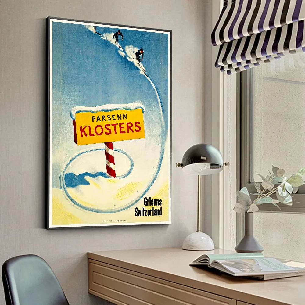Póster de Arte de Esquí Vintage Montaña Nieve Suiza Bernesa HD Pósters Decoración Hogar Habitación Bar Cafetería Pintura Mural