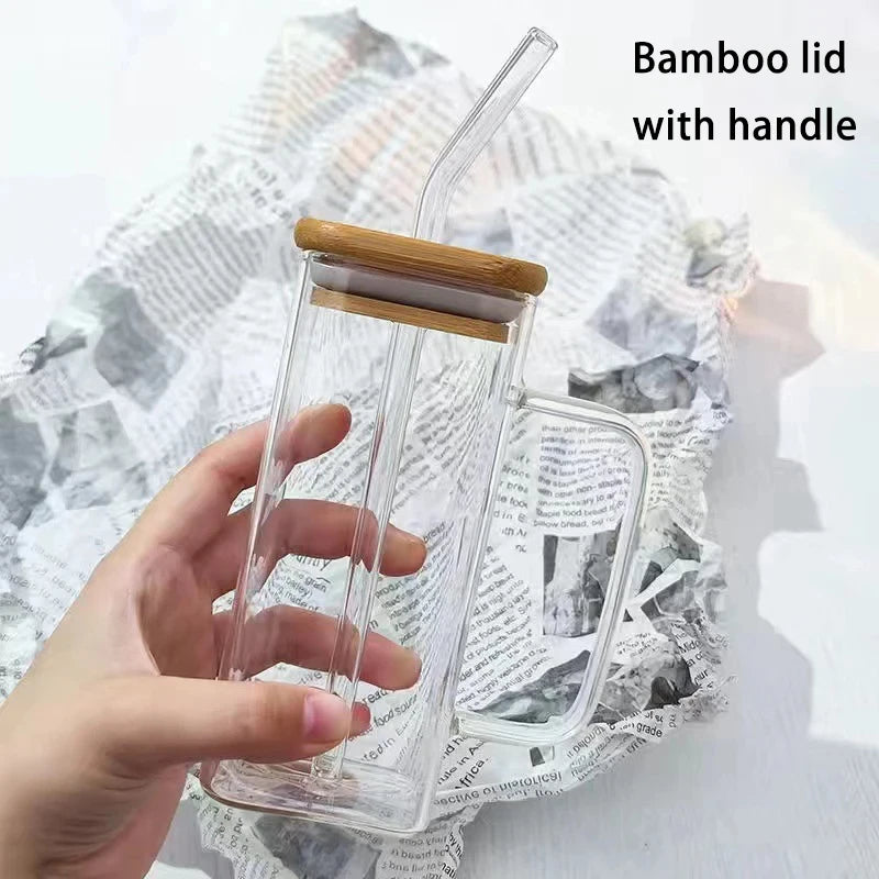 Tasse à café en verre carré résistante à la chaleur avec couvercle et paille, transparente, pour lait, thé, jus, pour la maison, le bar, vaisselle, lot de 1/2/4/6 pièces
