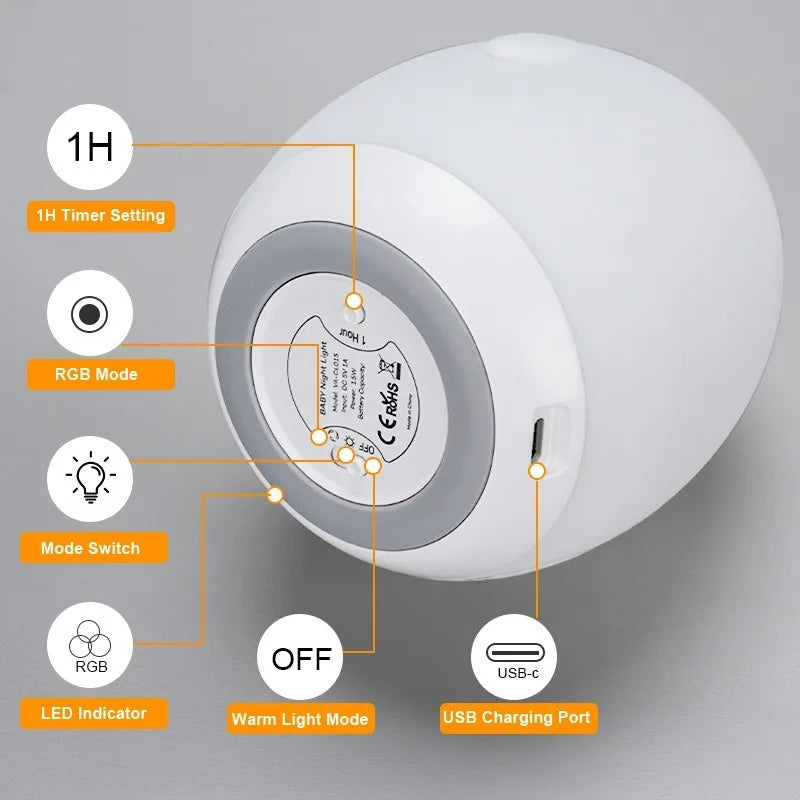 Lampe de nuit colorée RVB en forme d'œuf de pingouin, en silicone, veilleuse pour bébé, changement de couleur par tapotement, rechargeable par USB, pour chambre à coucher, chevet