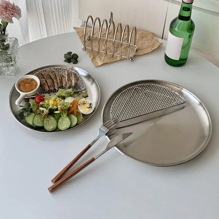 Bandeja para platos, bandeja de comedor, plato para bistec, plato para barbacoa, plato redondo de acero inoxidable coreano para barbacoa