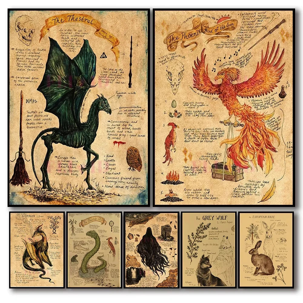 Póster de Unicornio Vintage con Estética Animal, Arte de Pared de Dementor y Dragón, Decoración de Monstruos Mágicos para Halloween, Brujas, Cocina o Habitación