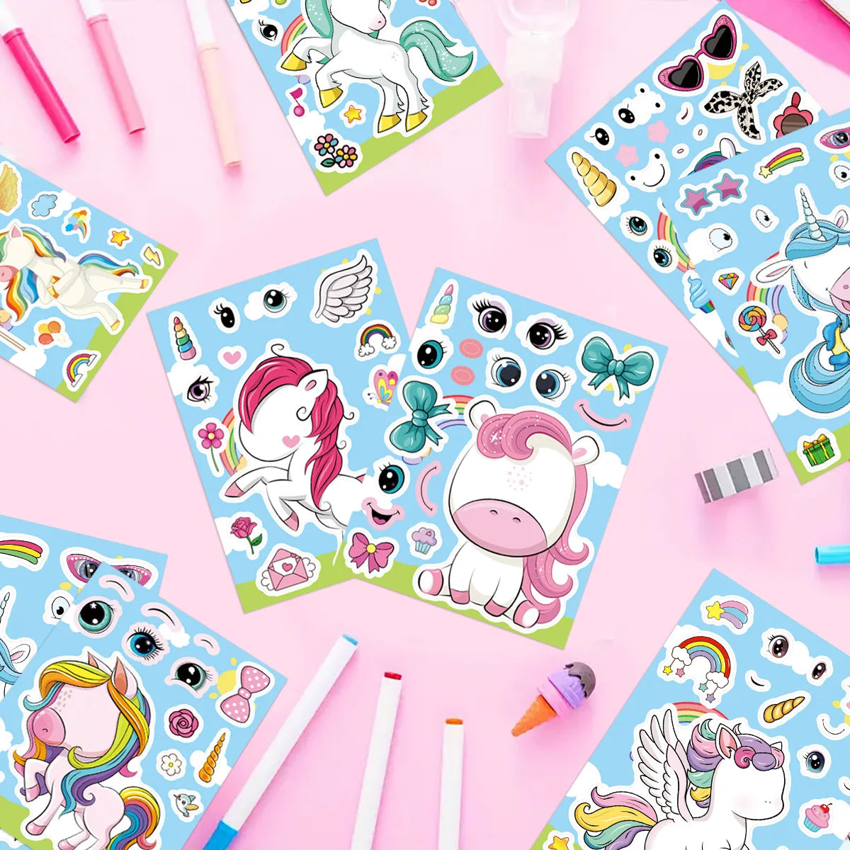 8/16/24PCS Pegatinas de dibujos animados de unicornios arcoíris para collage, decorativas para móviles, tabletas, patinetas, pegatinas impermeables para papelería