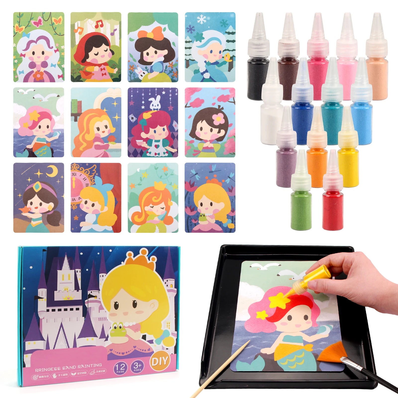 Kit de Arte con Arena DIY Artesanía de Pintura de Arena 14 Colores 12 Tarjetas de Pintura de Arena de Princesas Juguetes Montessori Juguetes Educativos para Niños Regalos