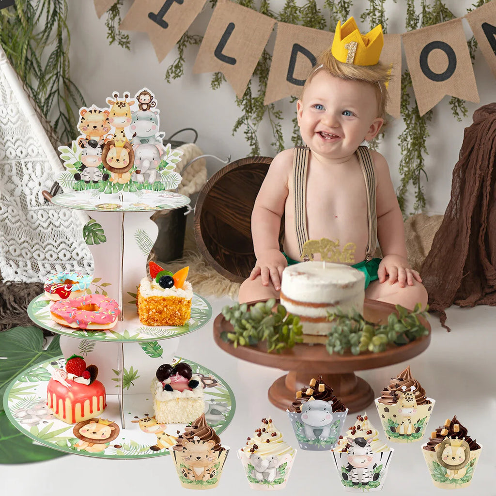 Présentoir à cupcakes Safari Animaux de la Jungle Décorations de Fête d'Anniversaire Baby Shower Support à Gâteaux Fournitures de Fête d'Anniversaire Thème Animaux Sauvages pour Enfants