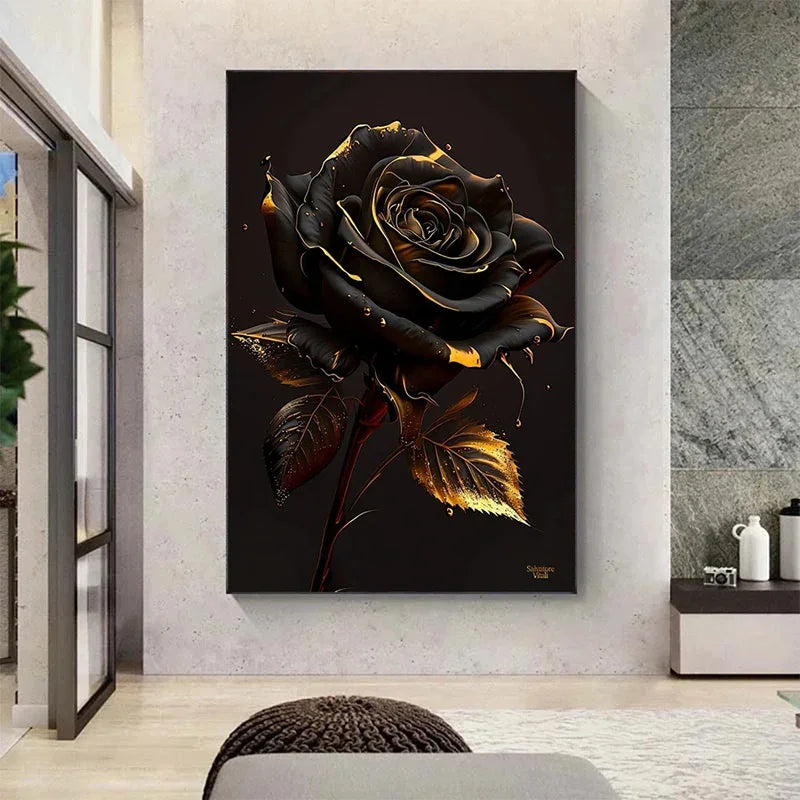 Classic, Vintage, Wall Art, Gold Black Roses Sunflowers, HD Canvas Printed Poster, Home Living Room Bedroom Decoration