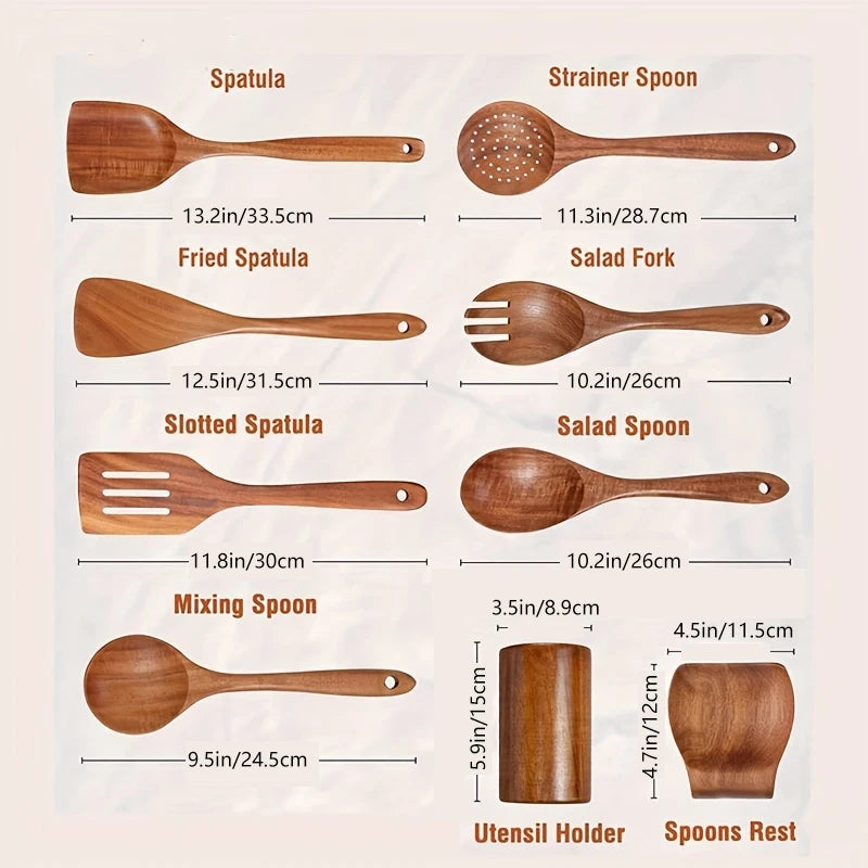 9 ustensiles de cuisine en bois, ensemble d'ustensiles de cuisine en teck avec support, cuillères en bois pour la cuisine