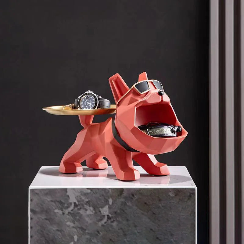 Artesanía de Bulldog de Resina Fresca, Mayordomo de Perro Matón con Bandeja para Llavero, Almacenamiento de Joyas, Estatua Decorativa para el Hogar, Escultura de Animales