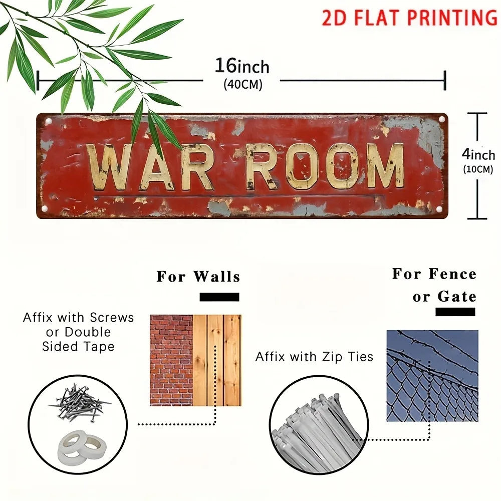 Letrero retro de metal para sala de guerra - Decoración novedosa plana 2D de 4x16", arte de pared para bar, garaje o granja