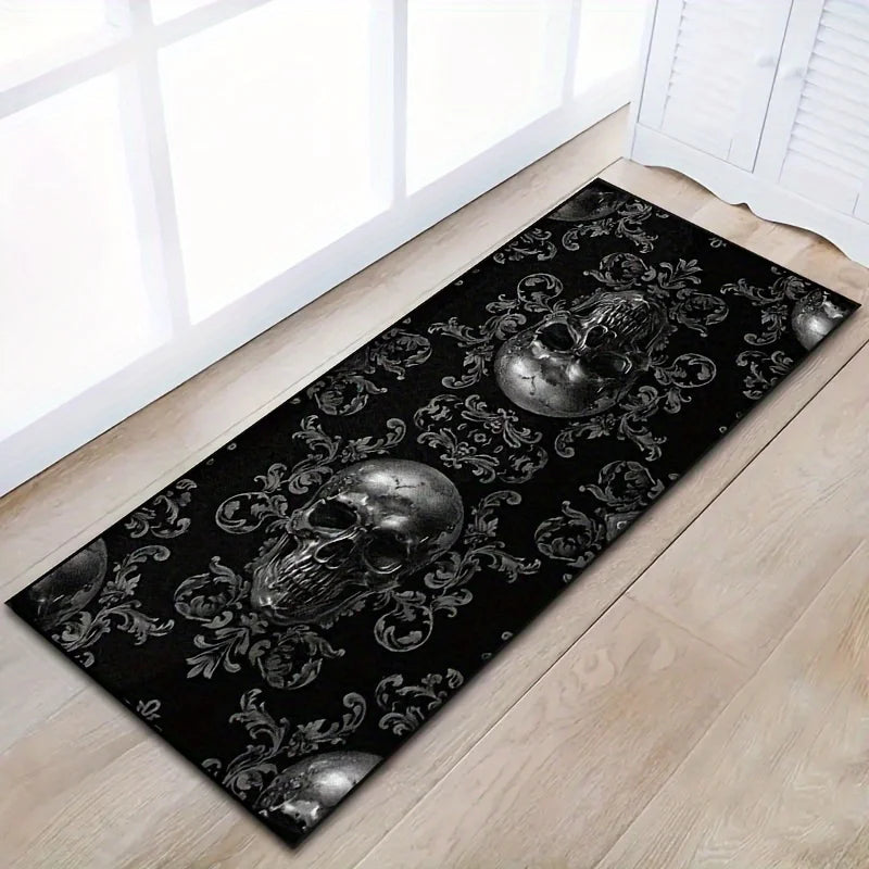 Alfombra de calavera negra VIKAMA, decoración de Halloween estilo gótico, alfombras grandes para balcón, pasillo, cocina, felpudo